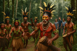 Papua New Guinea tribespeople in traditional dress performing dance with modern life elements in background