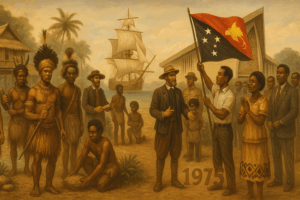 Timeline of Papua New Guinea history showing ancient tribes, colonial era, and independence in 1975