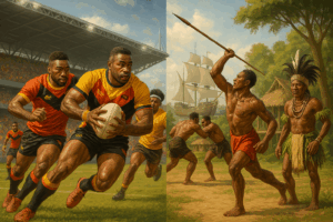 Papua New Guinea rugby league players in action alongside villagers playing traditional games